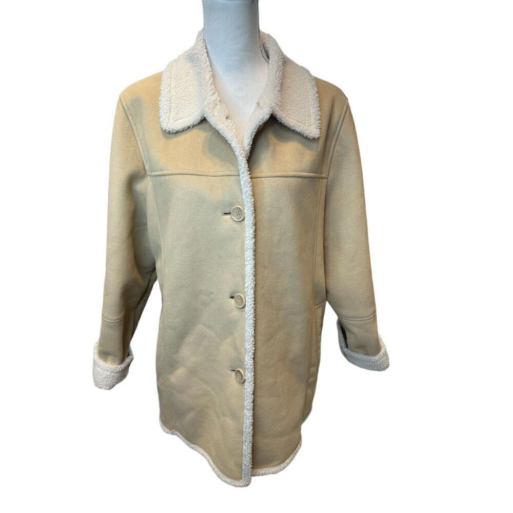 Utex Penny Lane Boho Retro 70's Ultra Suede Faux Fur Trim Button Down Coat Sz L